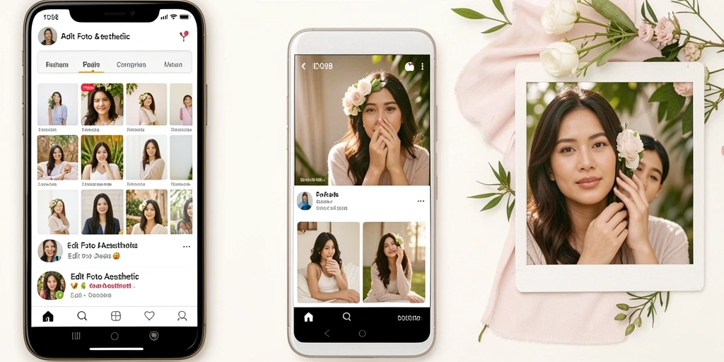 Screenshot utama ID098 menampilkan antarmuka aplikasi Edit Foto Aesthetic yang menarik.