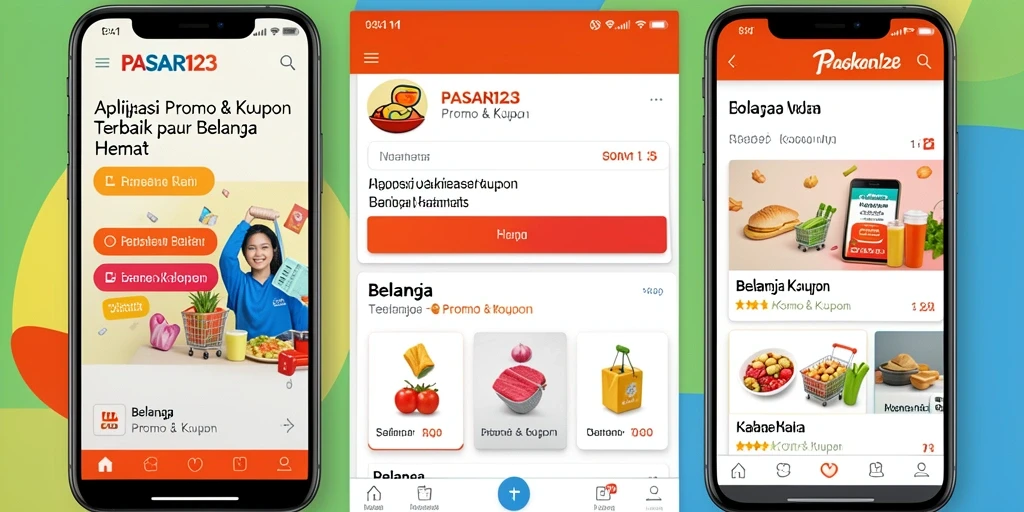 Tampilan antarmuka aplikasi PASAR123 dengan berbagai fitur Promo & Kupon.