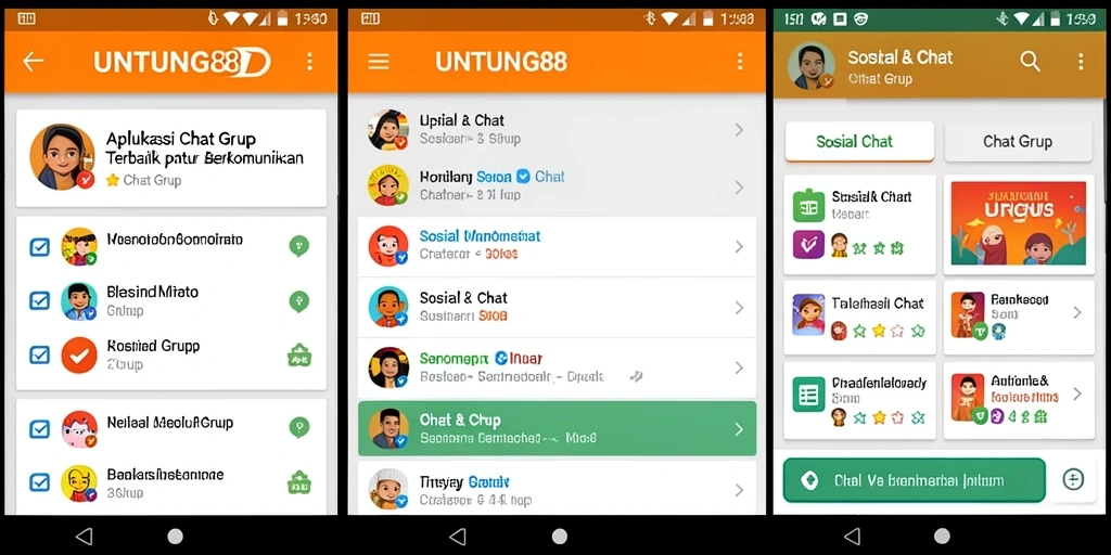 Antarmuka aplikasi UNTUNG88 menampilkan grup chat interaktif dan fitur-fitur menarik.